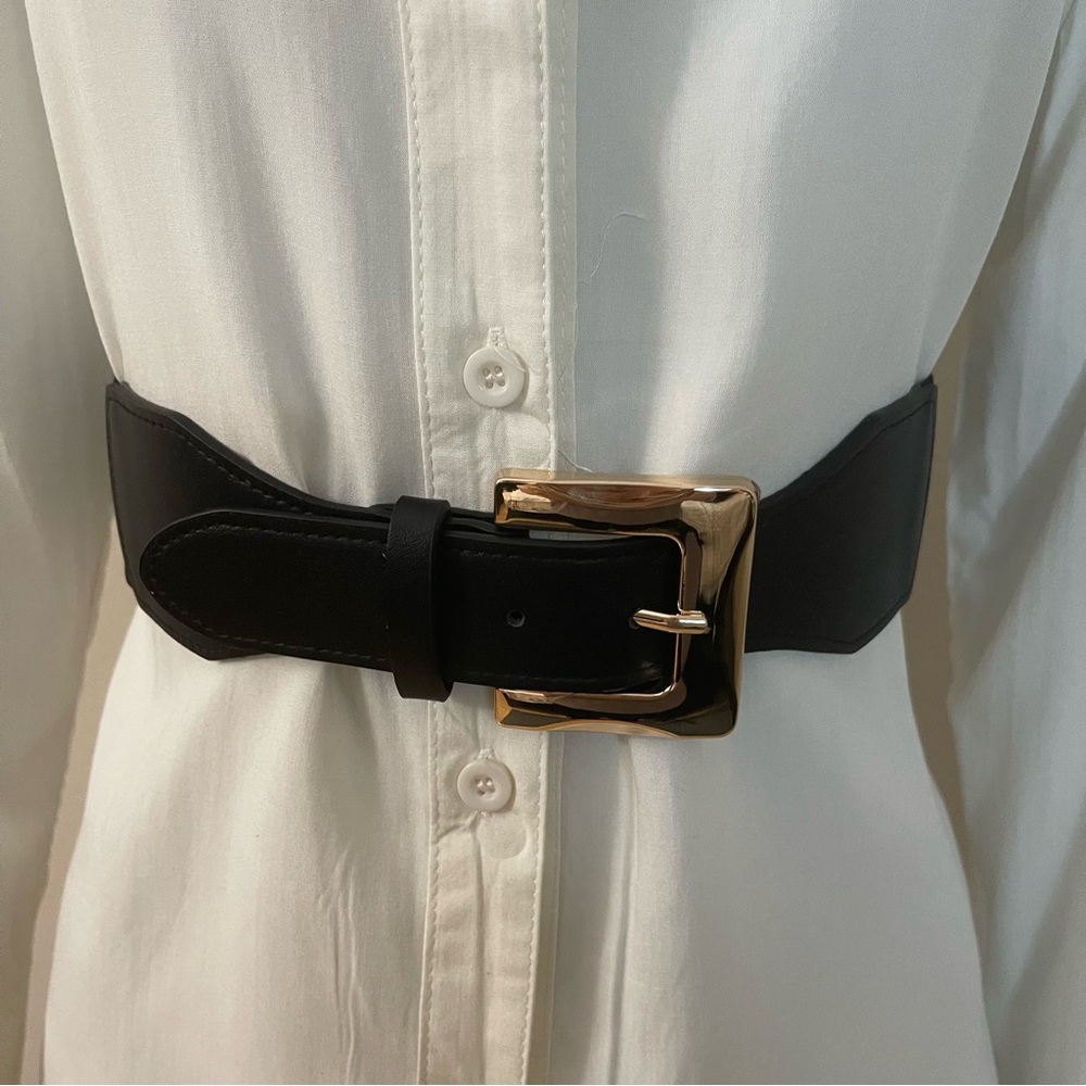 Plus size black PU leather gold tone buckle elastic waistband belt